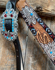 Two Toned Hand Painted Flower Turquoise/Ruby Browband/One Ear Tack Set 