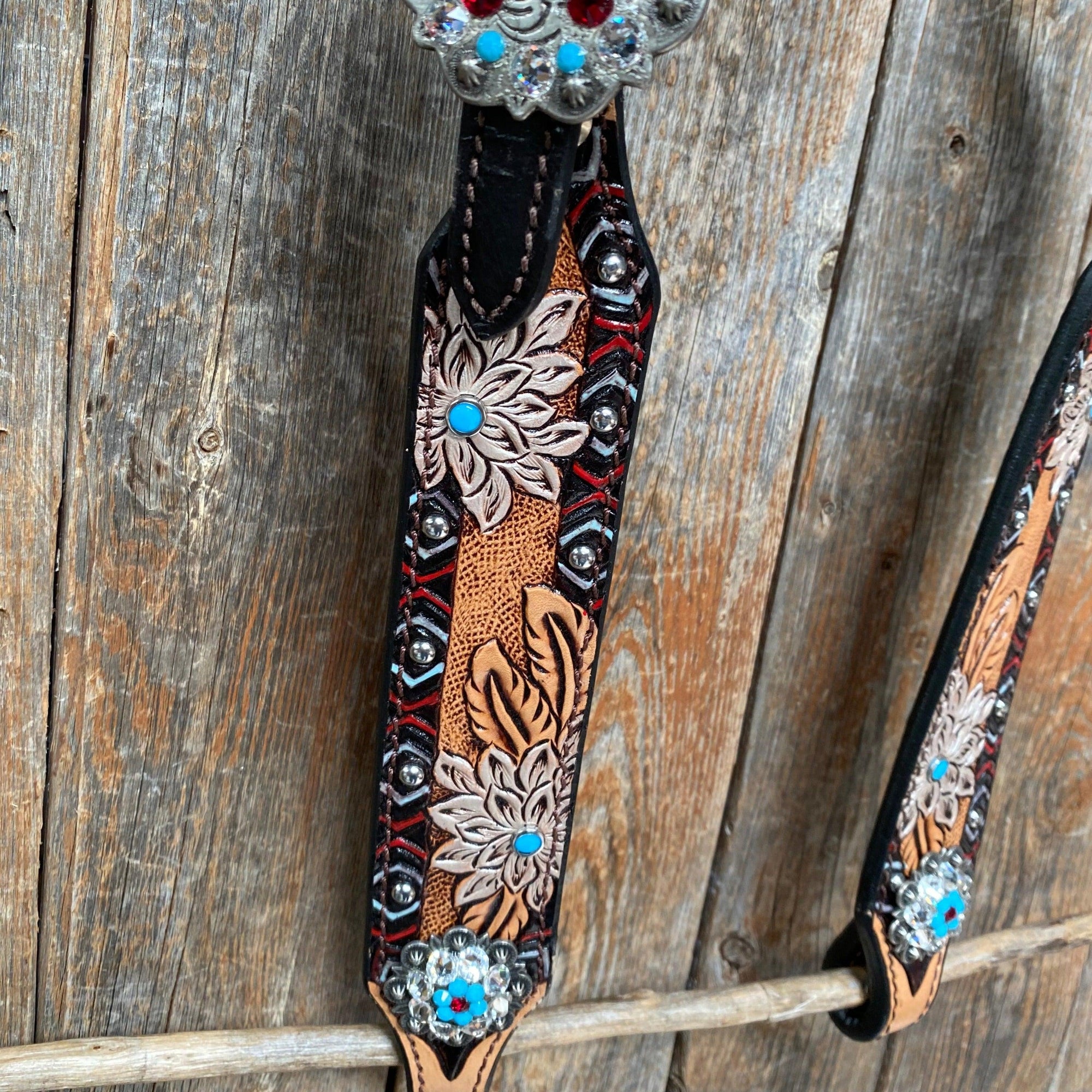 Two Toned Hand Painted Flower Turquoise/Ruby Browband/One Ear Tack Set 