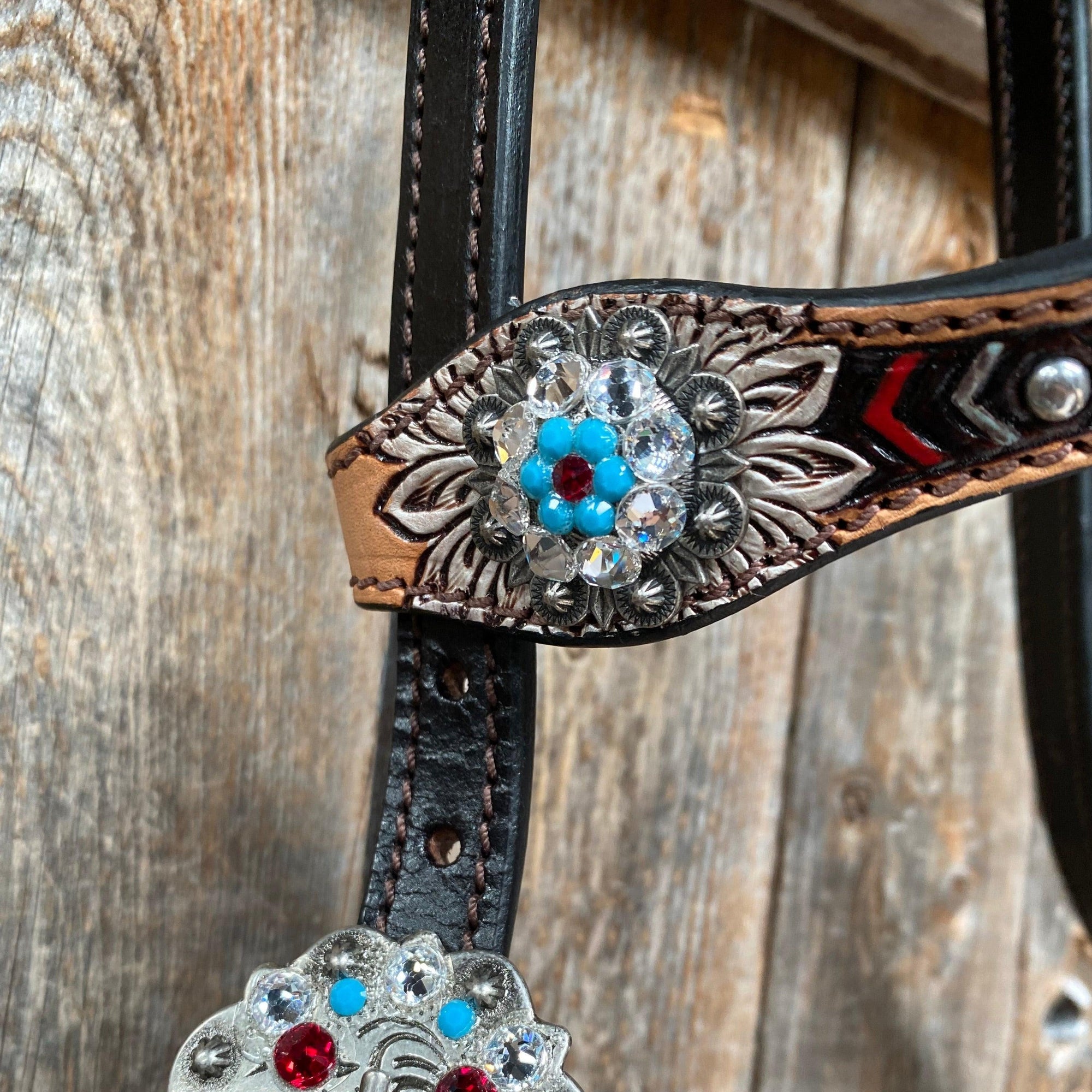 Two Toned Hand Painted Flower Turquoise/Ruby Browband/One Ear Tack Set 