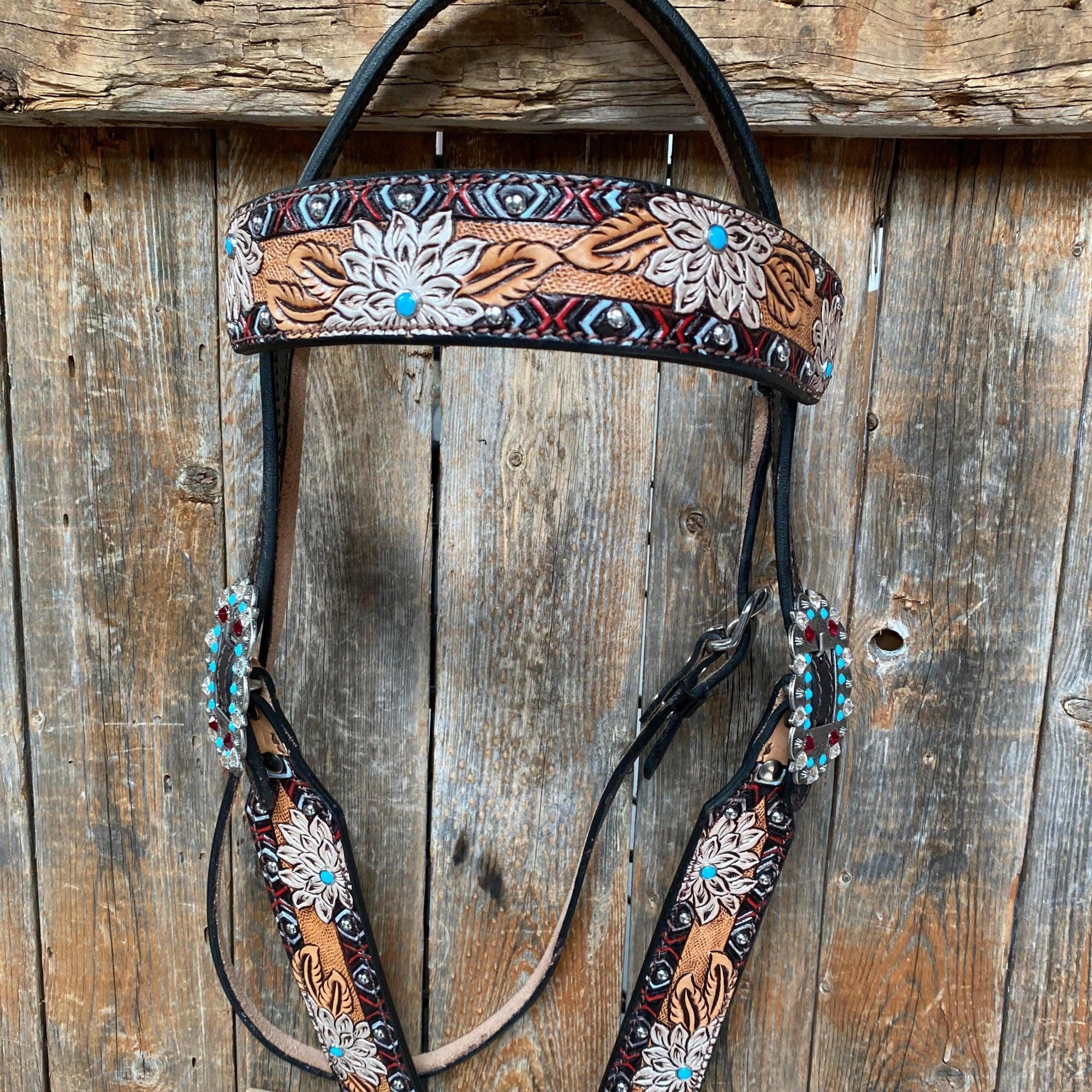 Two Toned Hand Painted Flower Turquoise/Ruby Browband/One Ear Tack Set 
