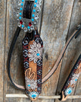 Two Toned Hand Painted Flower Turquoise/Ruby Browband/One Ear Tack Set 