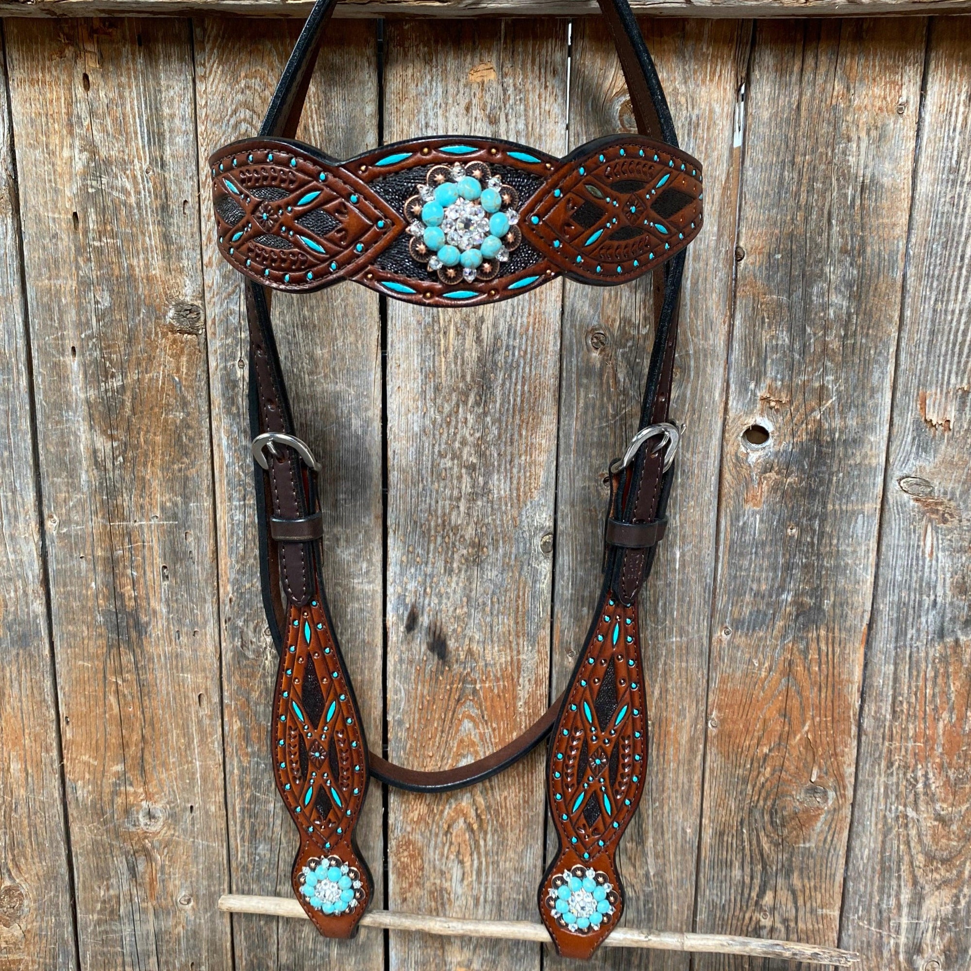 Hand Painted Two Tone Clear/Turquoise Browband / One Ear / Breastcollar Tack Set 