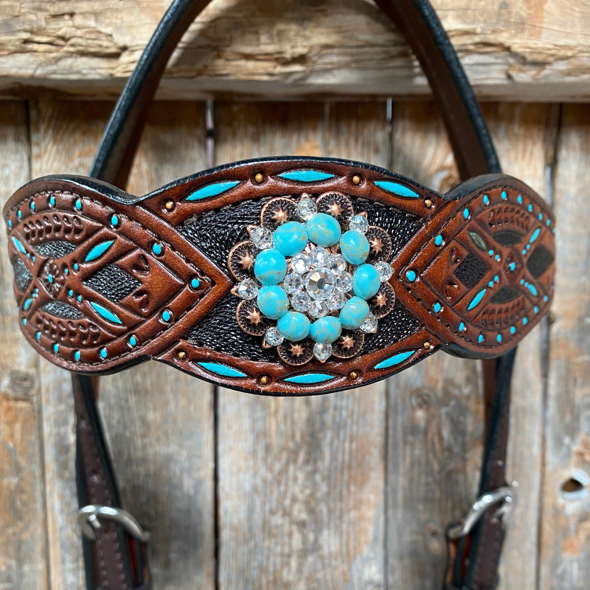 Hand Painted Two Tone Clear/Turquoise Browband / One Ear / Breastcollar Tack Set 