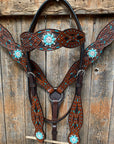 Hand Painted Two Tone Clear/Turquoise Browband / One Ear / Breastcollar Tack Set 