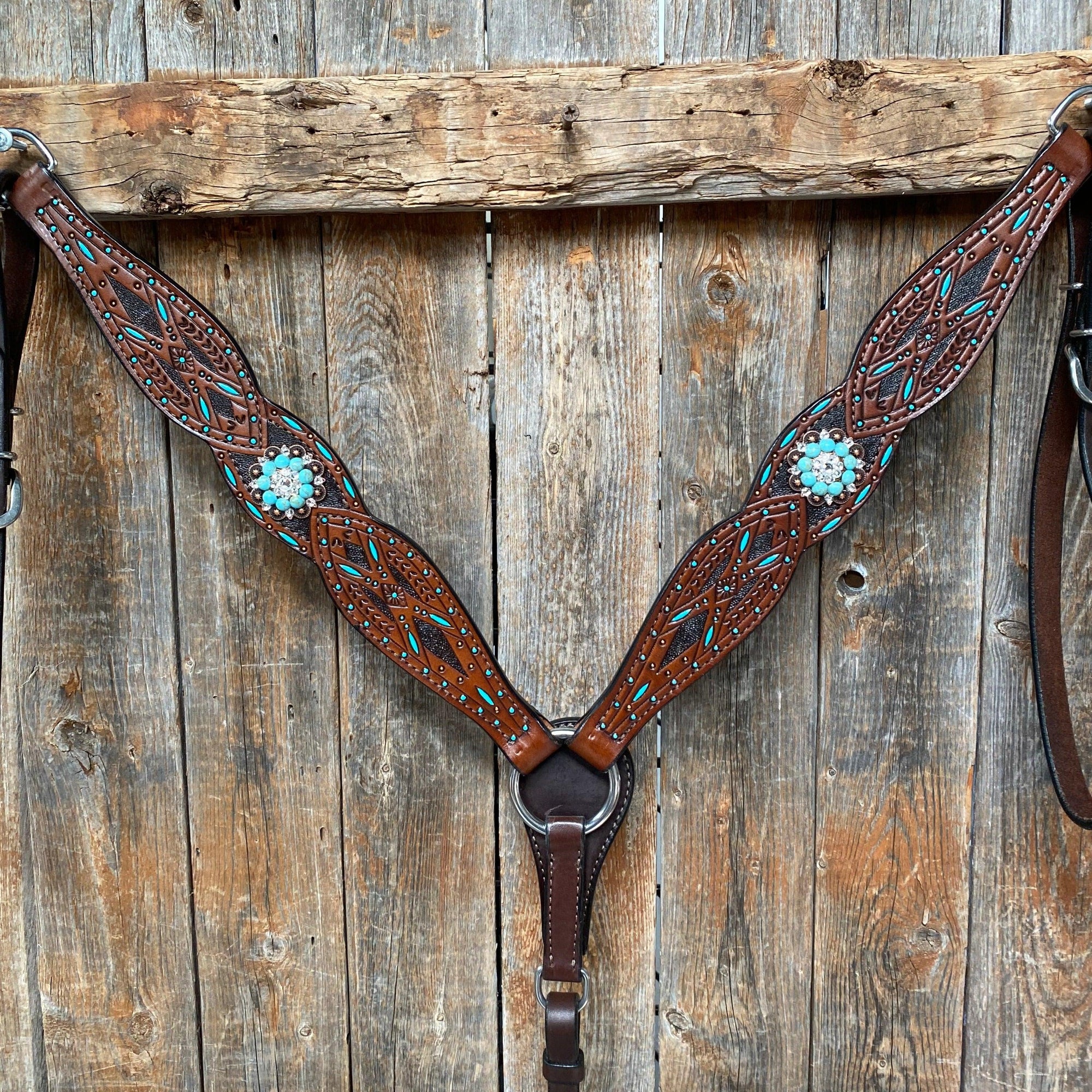 Hand Painted Two Tone Clear/Turquoise Browband / One Ear / Breastcollar Tack Set 