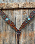 Hand Painted Two Tone Clear/Turquoise Browband / One Ear / Breastcollar Tack Set 