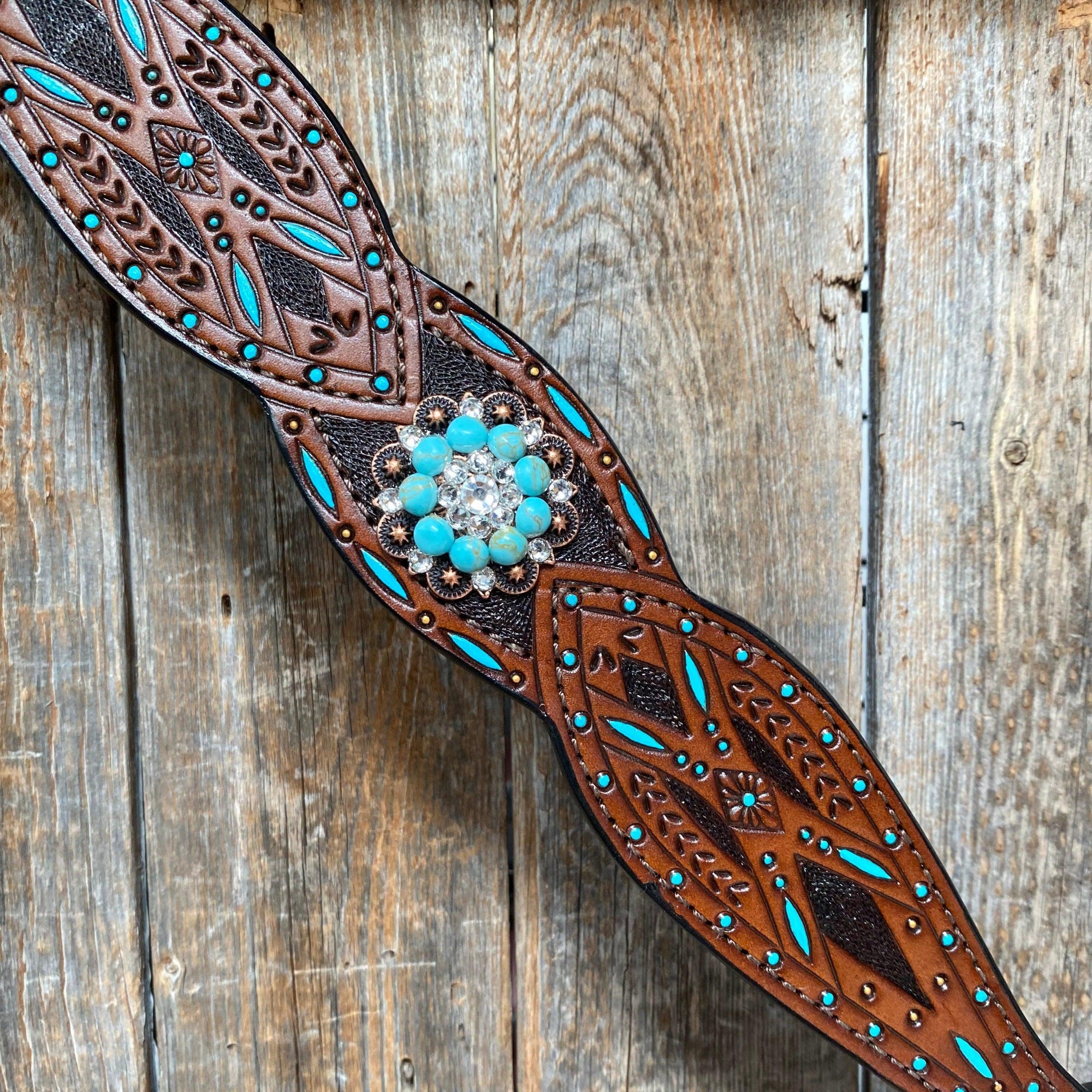 Hand Painted Two Tone Clear/Turquoise Browband / One Ear / Breastcollar Tack Set 