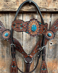 Dark Oil Hand Painted Blue Rosettes Browband/ Breastcollar Tack Set 