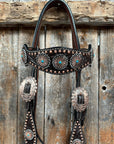 Dark Oil Floral Copper Dot & Turquoise Browband Headstall / Breastcollar Tack Set 