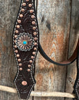 Dark Oil Floral Copper Dot & Turquoise Browband Headstall / Breastcollar Tack Set 