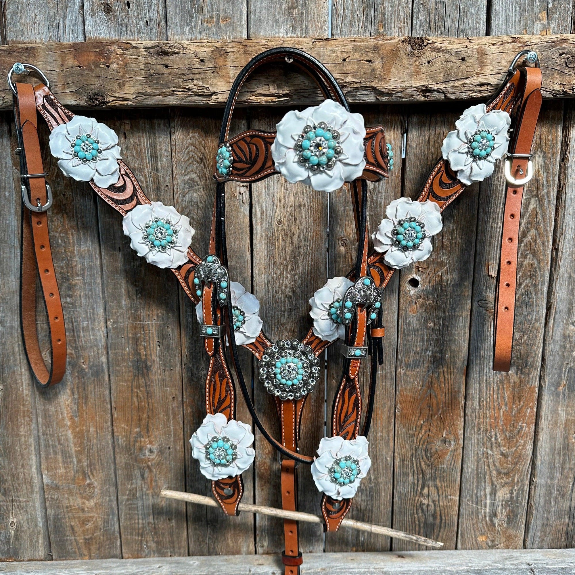 Zebra Turquoise and White Browband / Breastcollar Tack Set 