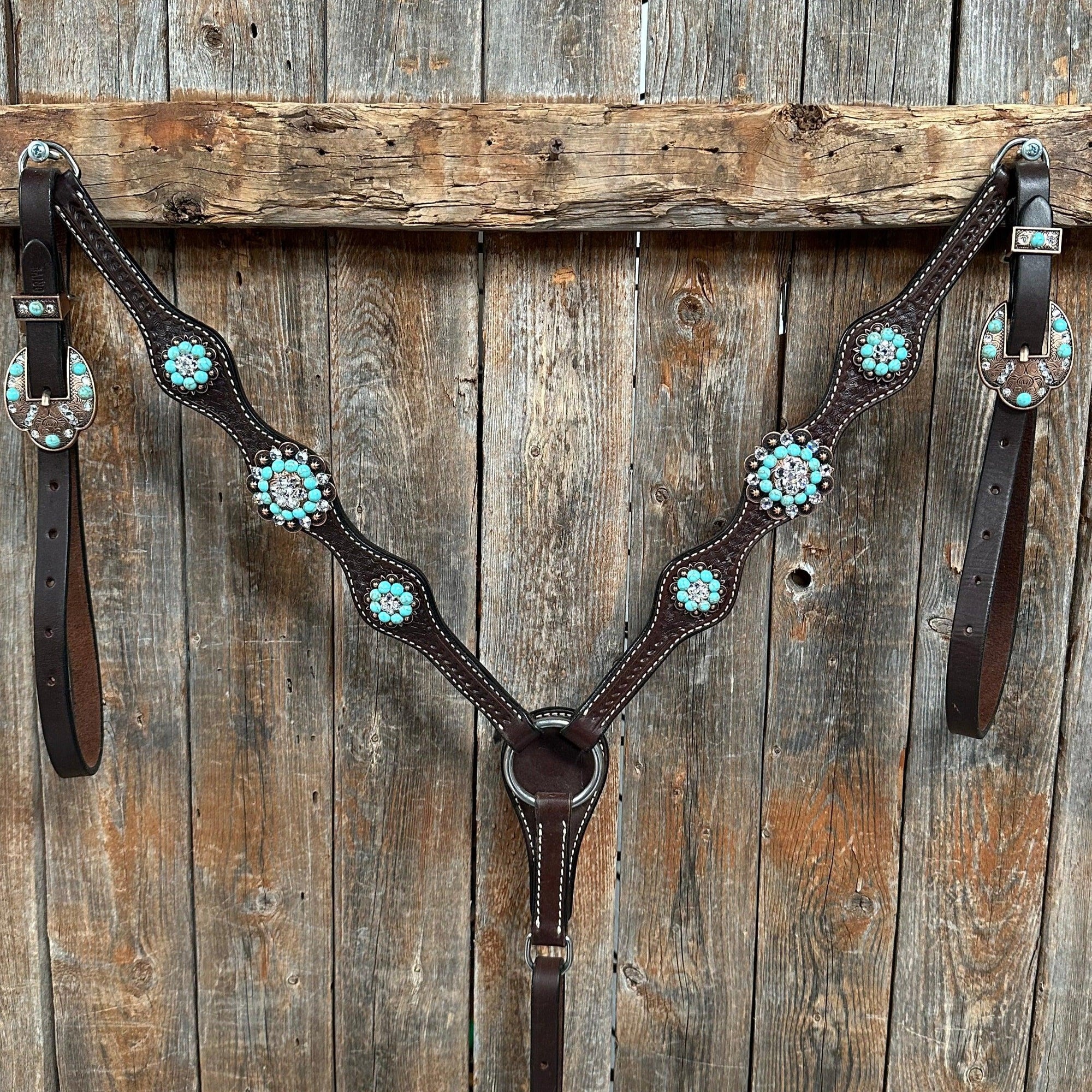Dark Oil Basketweave Turquoise and Clear Browband Tack Set  