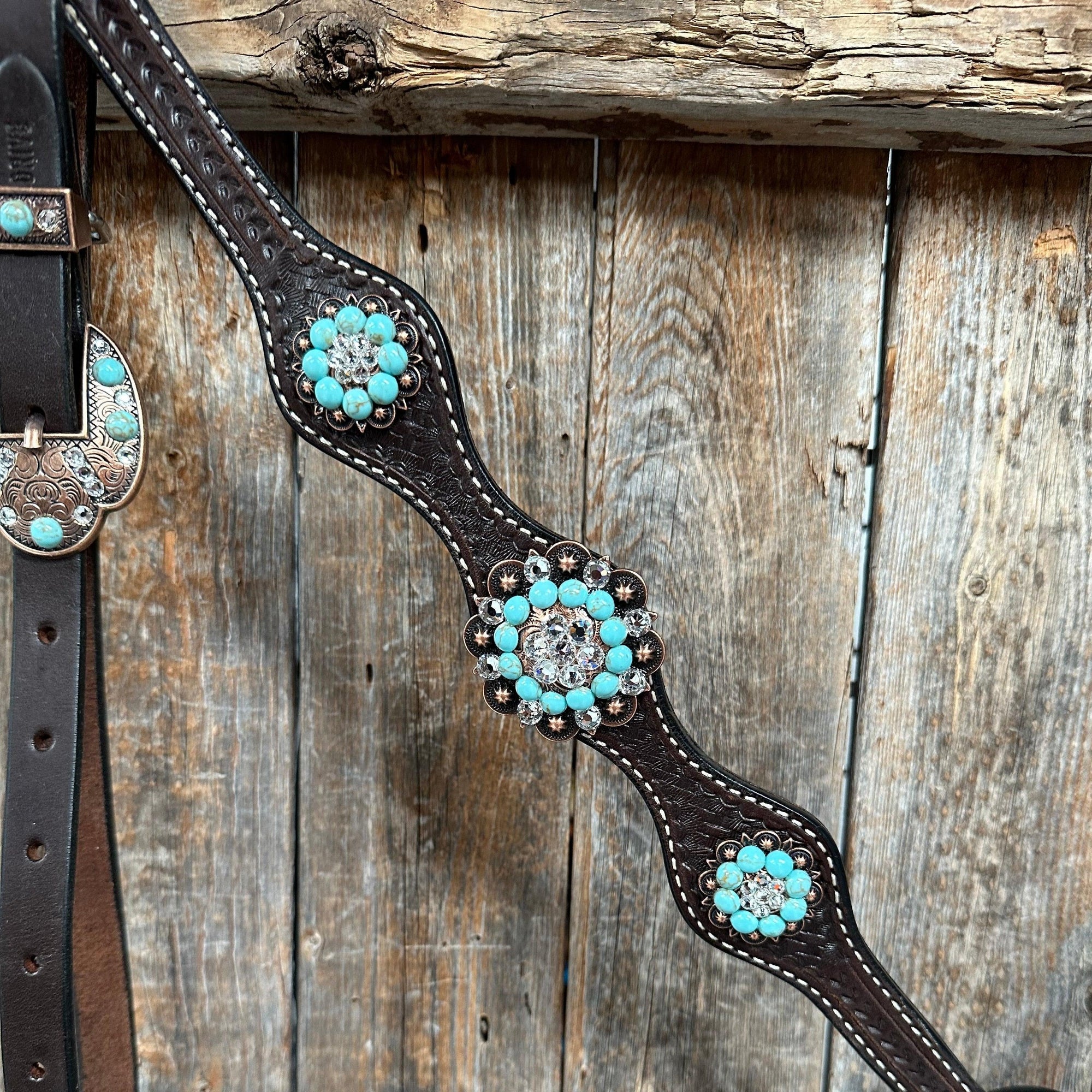 Dark Oil Basketweave Turquoise and Clear Browband Tack Set  