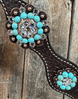 Dark Oil Basketweave Turquoise and Clear Browband Tack Set  