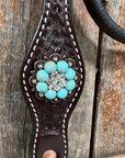 Dark Oil Basketweave Turquoise and Clear Browband Tack Set  