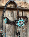 Dark Oil Basketweave Turquoise and Clear Browband Tack Set  