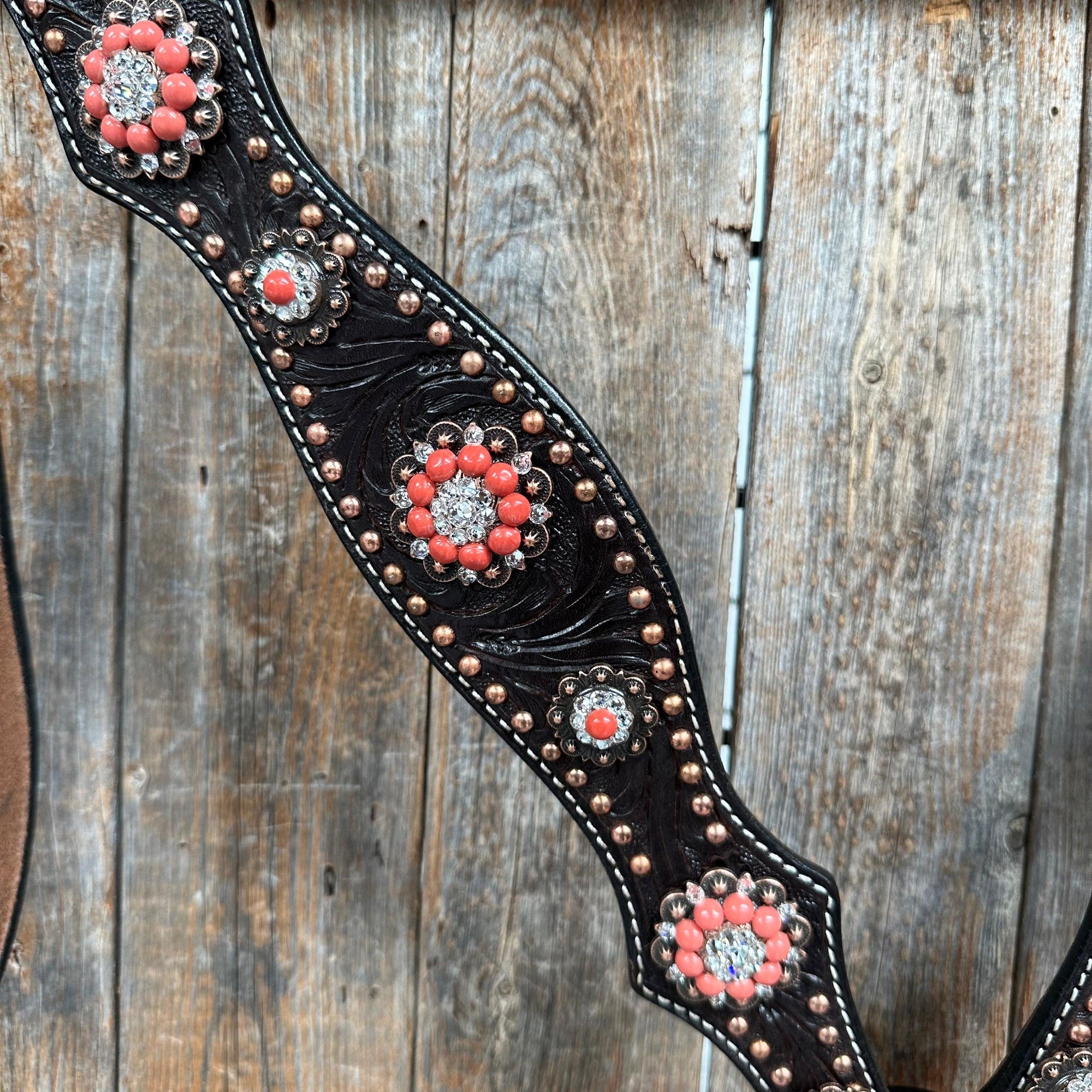 Dark Oil Floral Copper Dot Copper and Coral Browband / Breastcollar Tack Set 