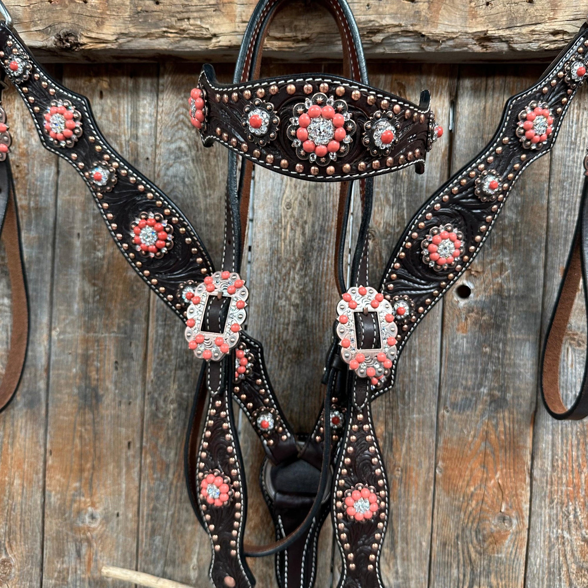 Dark Oil Floral Copper Dot Copper and Coral Browband / Breastcollar Tack Set 