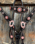 Dark Oil Floral Copper Dot Copper and Coral Browband / Breastcollar Tack Set 