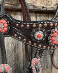 Dark Oil Floral Copper Dot Copper and Coral Browband / Breastcollar Tack Set 