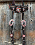 Dark Oil Floral Copper Dot Copper and Coral Browband / Breastcollar Tack Set 