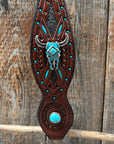 Dark Oil Hand Painted Steer Head and Turquoise Browband/One Ear and Breastcollar Tack Set 