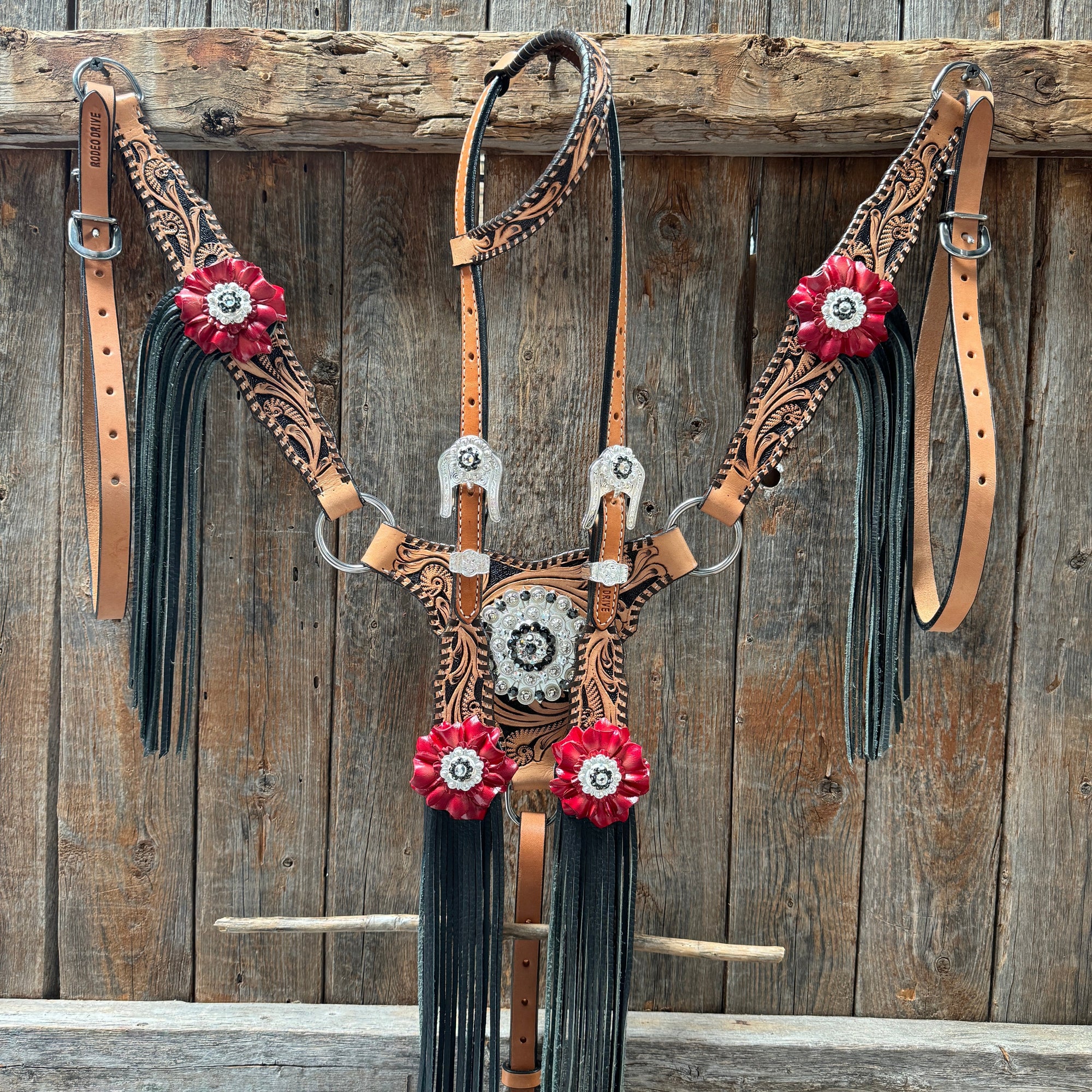 Floral Whipstitch Black and Red Browband / One Ear - Triangle / Gladiator Breastcollar Tack Set 