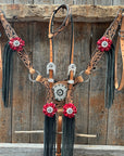 Floral Whipstitch Black and Red Browband / One Ear - Triangle / Gladiator Breastcollar Tack Set 