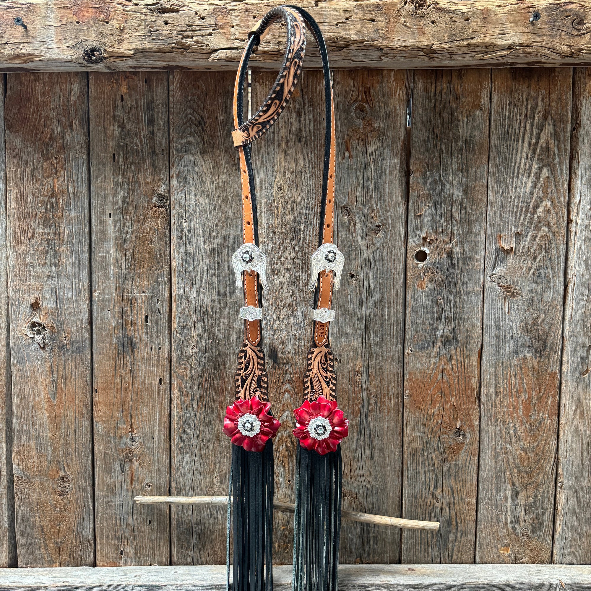 Floral Whipstitch Black and Red Browband / One Ear - Triangle / Gladiator Breastcollar Tack Set 