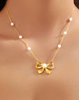 Gold Pearl Decor Plated Bow Knot Pendant Necklace