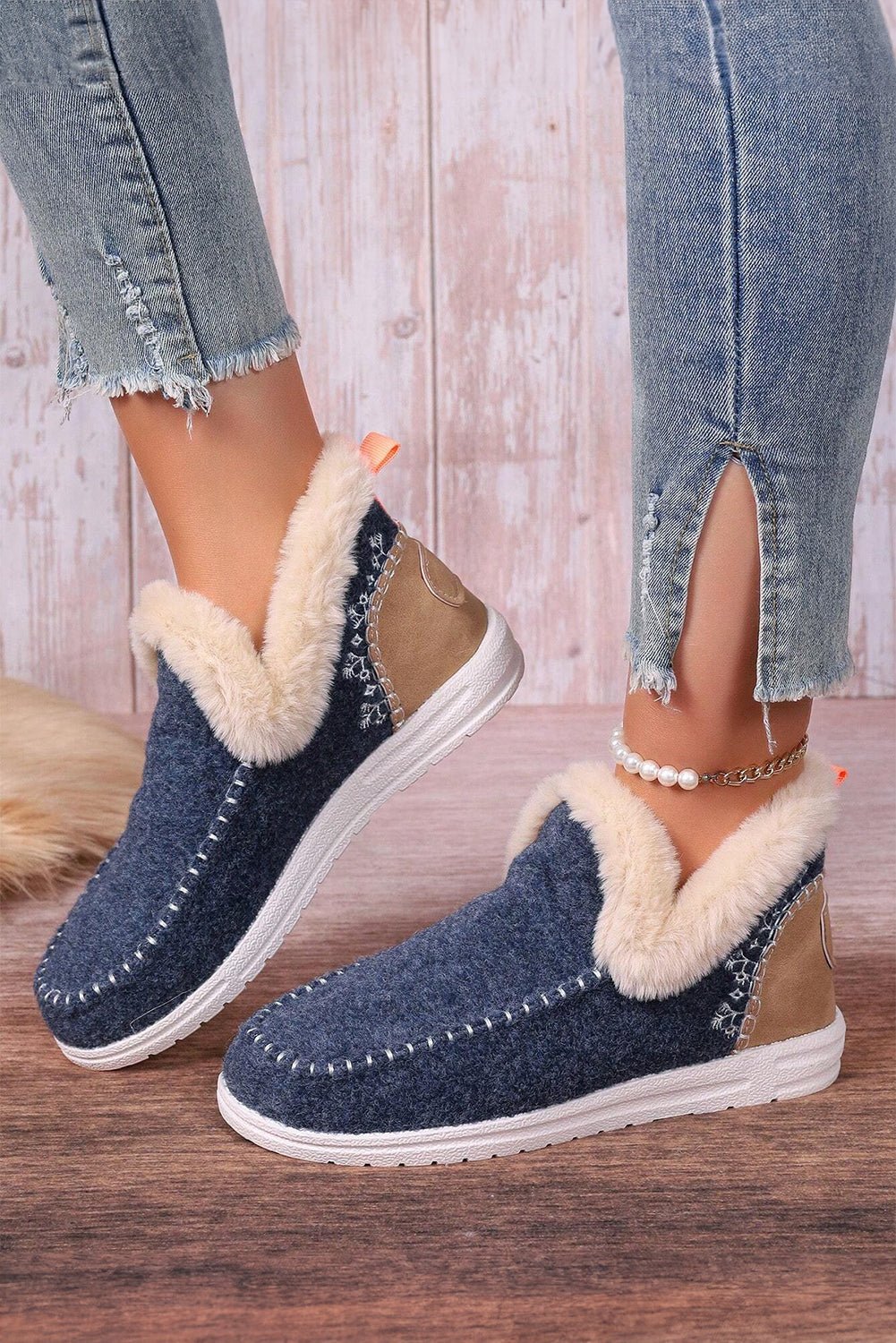 Anna Suede Stitching Plush Lined Anklet Boots