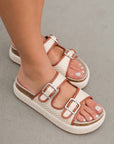 Beige Linen Dual Buckle Strap Thick Sole Slippers