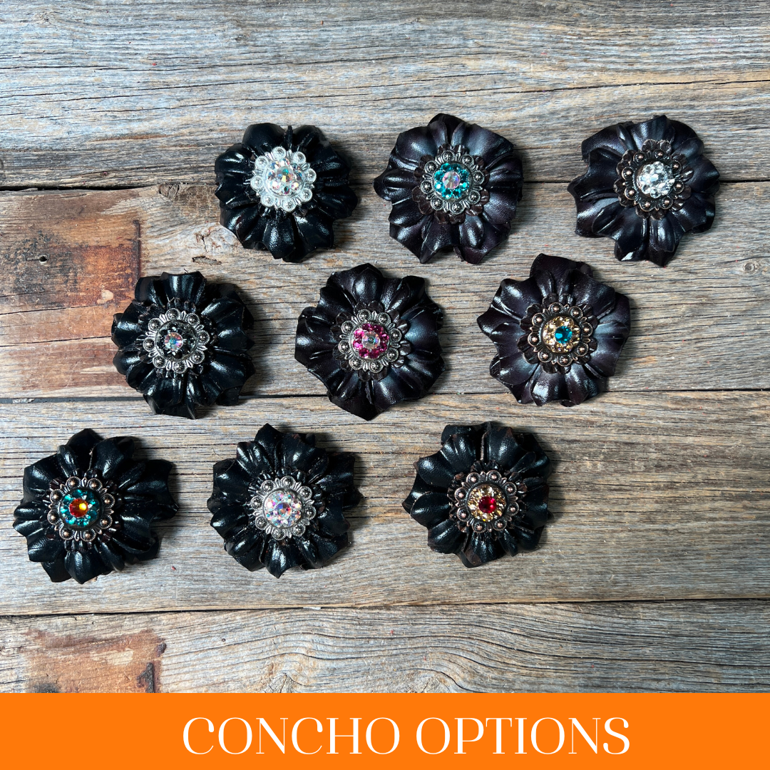 Black Carnations Leather Flowers - 1" Crystal Conchos - Options