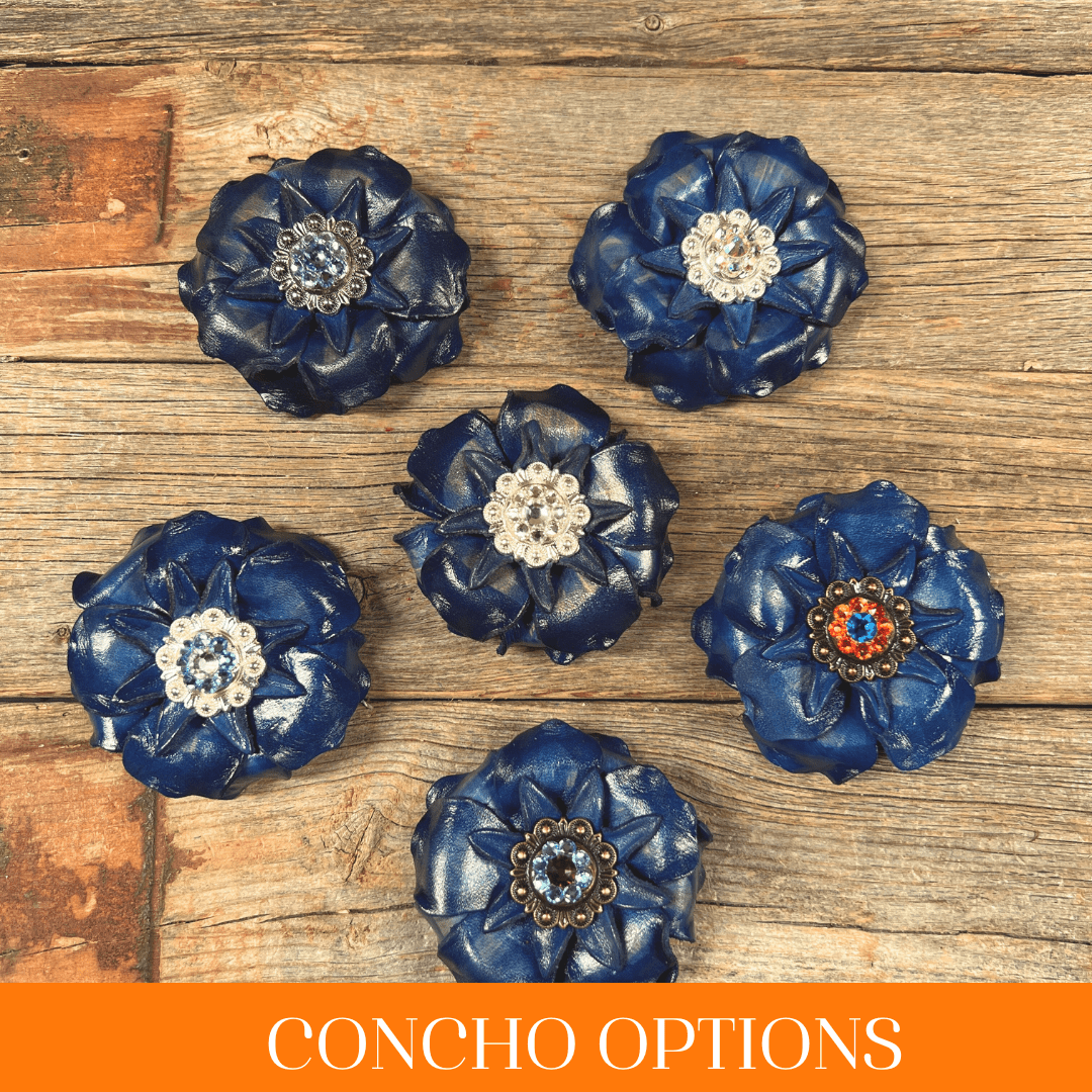 Blue Gardenia Leather Flowers - 1" Crystal Conchos - Options