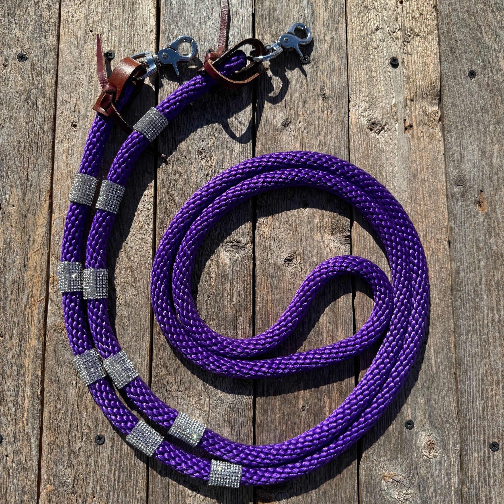 Purple Nylon Barrel Racing Reins With Rhinestones