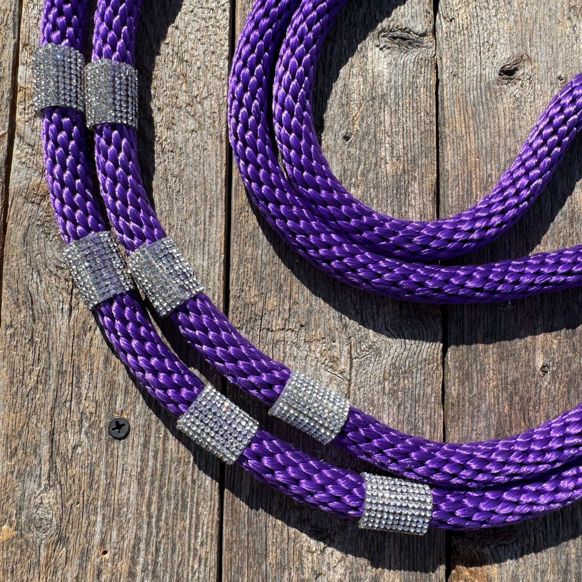 Purple Nylon Barrel Racing Reins With Rhinestones