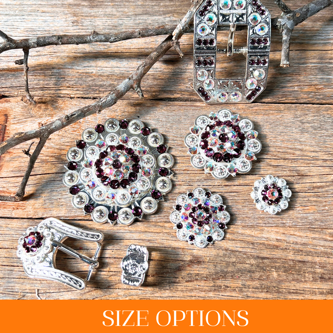 Bright Silver Purple &amp; AB Crystal Conchos - Sizes from 1"- 3" and Buckles