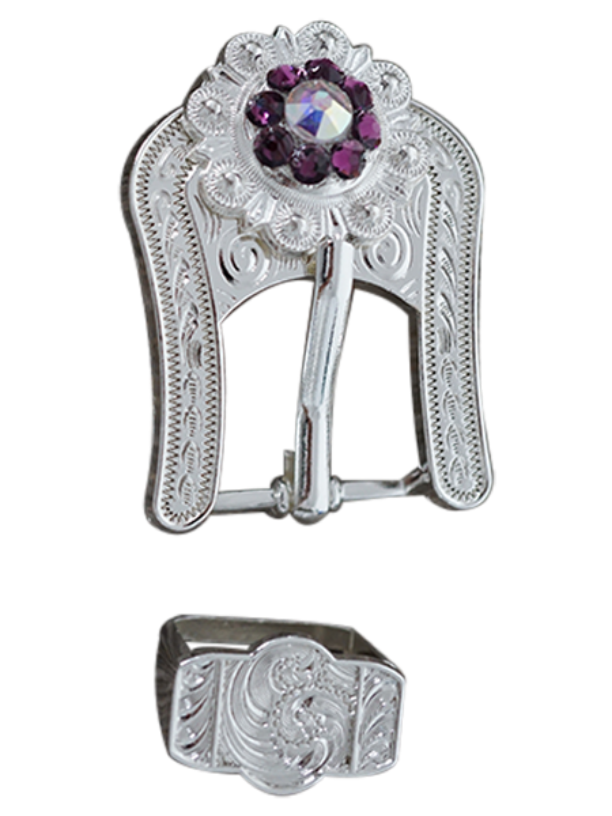 Bright Silver Purple &amp; AB Crystal Conchos - Sizes from 1"- 3" and Buckles