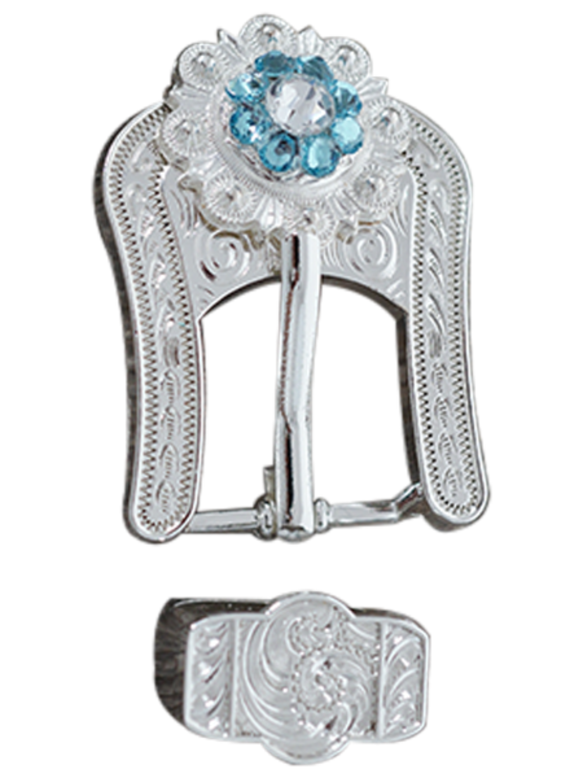 Bright Silver Aqua - Clear Crystal Conchos - Sizes from 1"- 3" and Buckles