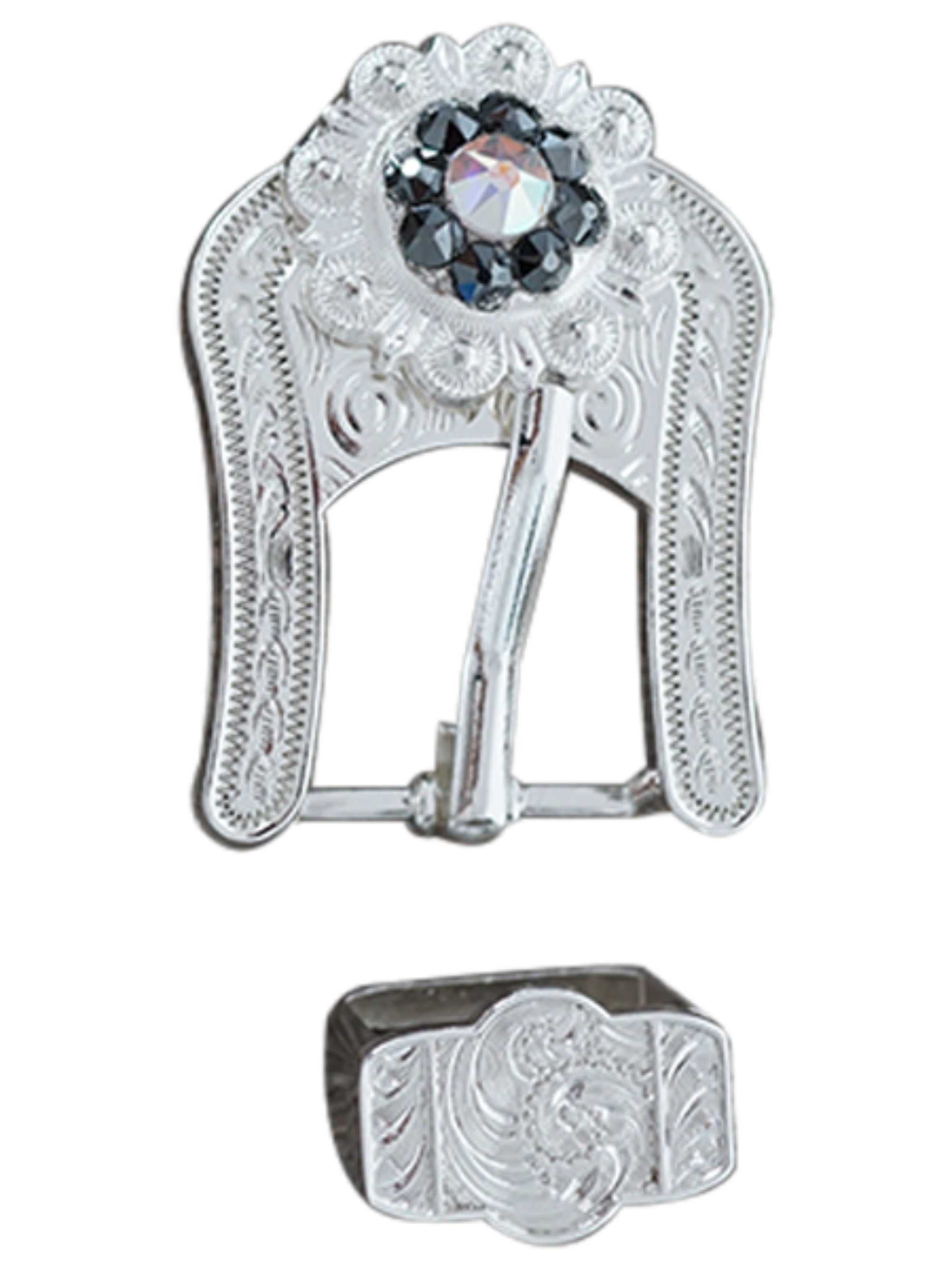 Bright Silver Jet &amp; AB Crystal Conchos - Sizes from 1"- 3" and Buckles
