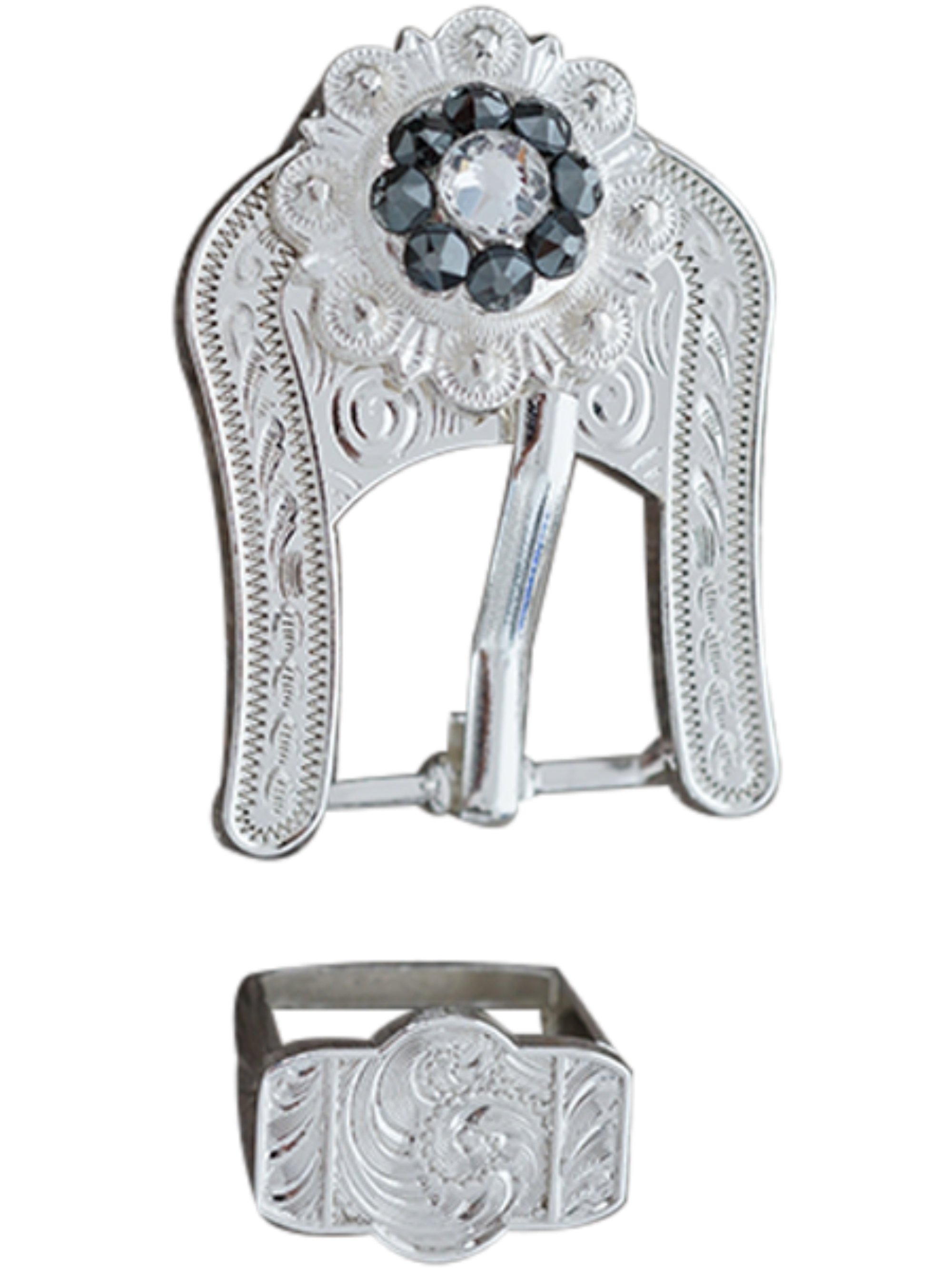 Bright Silver Jet &amp; Clear Crystal Conchos - Sizes from 1"- 3" and Buckles