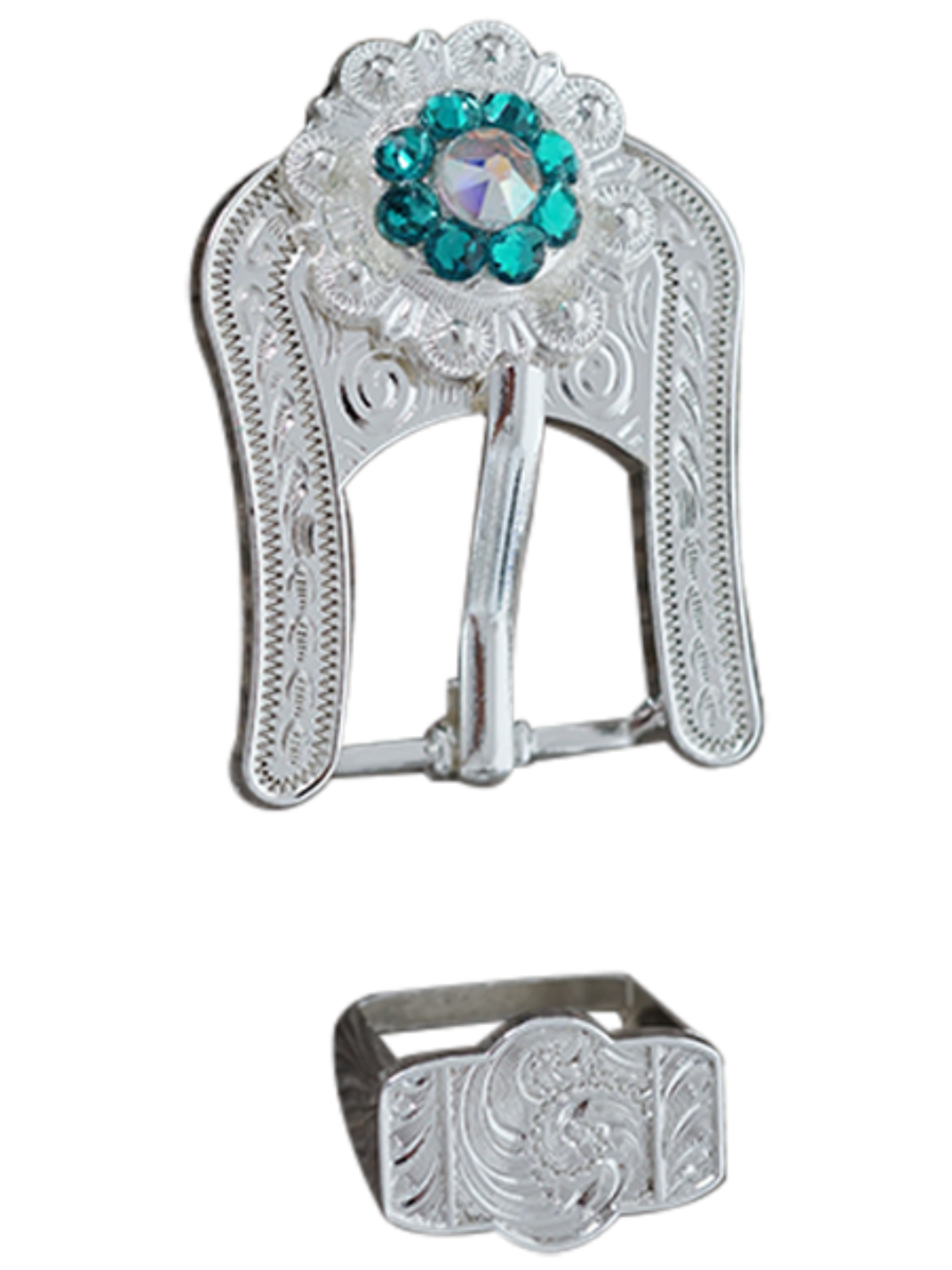 Bright Silver Teal &amp; AB Crystal Conchos - Sizes from 1"- 3" and Buckles