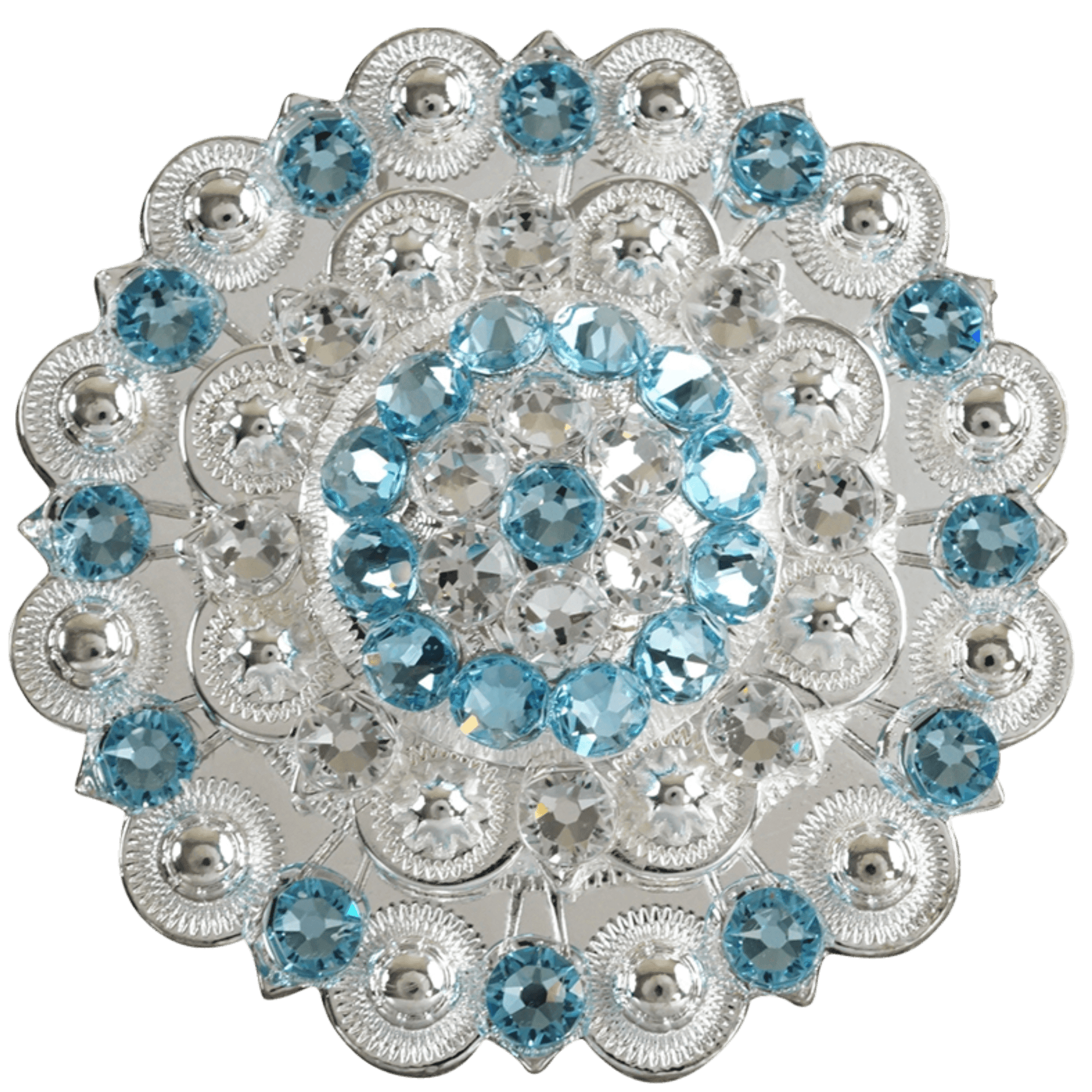 Bright Silver Aqua - Clear Crystal Conchos - Sizes from 1"- 3" and Buckles