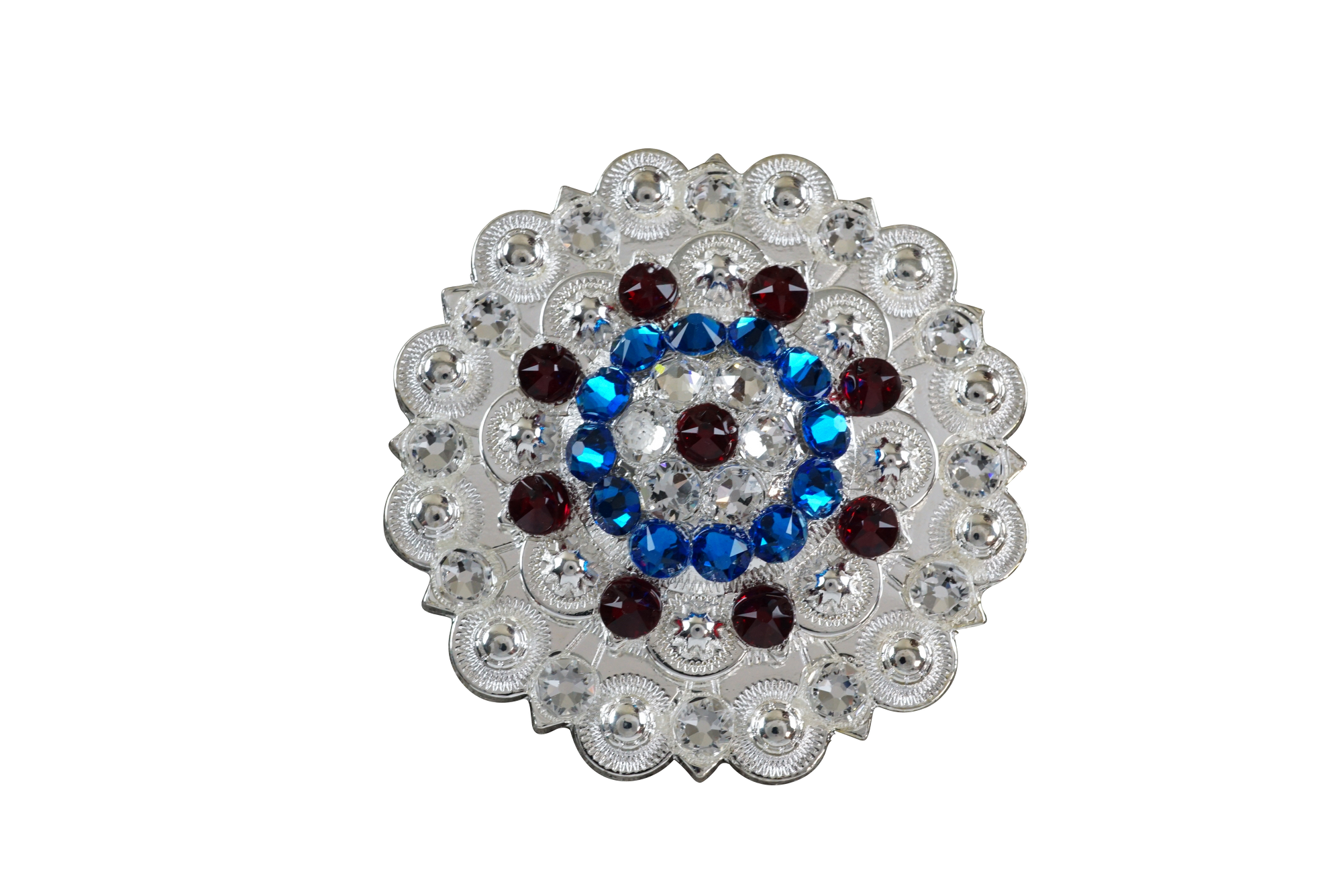 Bright Silver Red - White - Blue Crystal Conchos - Sizes from 1"- 3" and Buckles