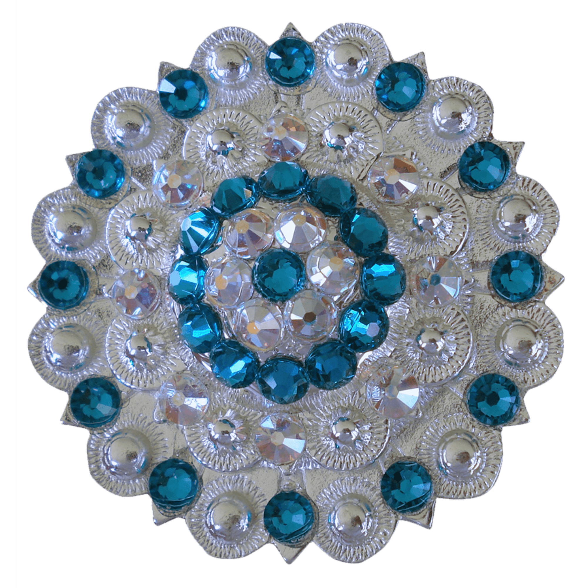 Bright Silver Teal &amp; AB Crystal Conchos - Sizes from 1"- 3" and Buckles