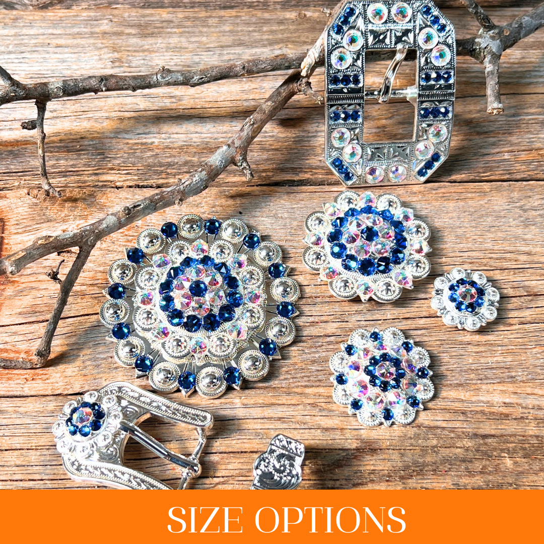 Bright Silver Capri &amp; AB Crystal Conchos - Sizes from 1"- 3" and Buckles