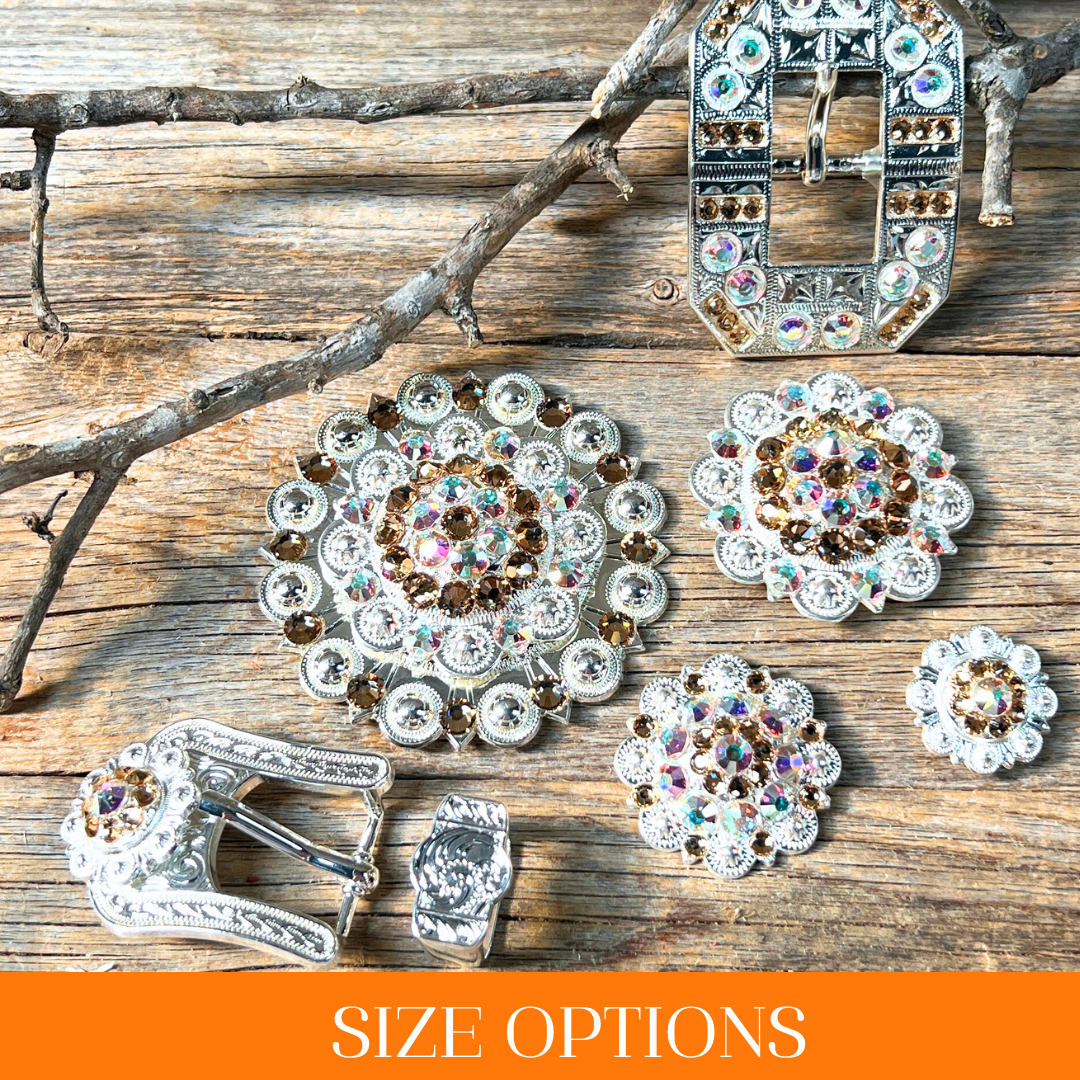 Bright Silver Champagne &amp; AB Crystal Conchos - Sizes from 1"- 3" and Buckles