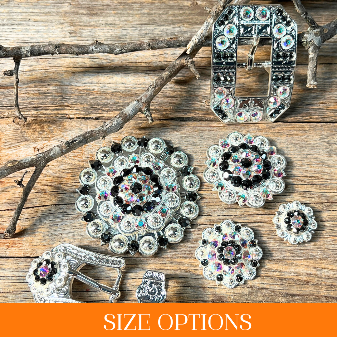 Bright Silver Jet &amp; AB Crystal Conchos - Sizes from 1"- 3" and Buckles