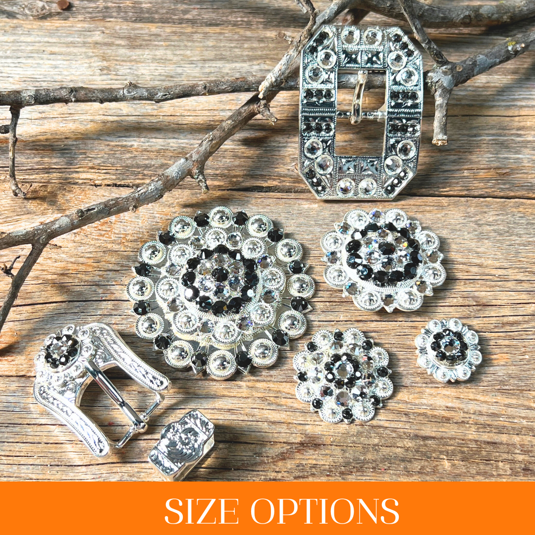 Bright Silver Jet &amp; Clear Crystal Conchos - Sizes from 1"- 3" and Buckles
