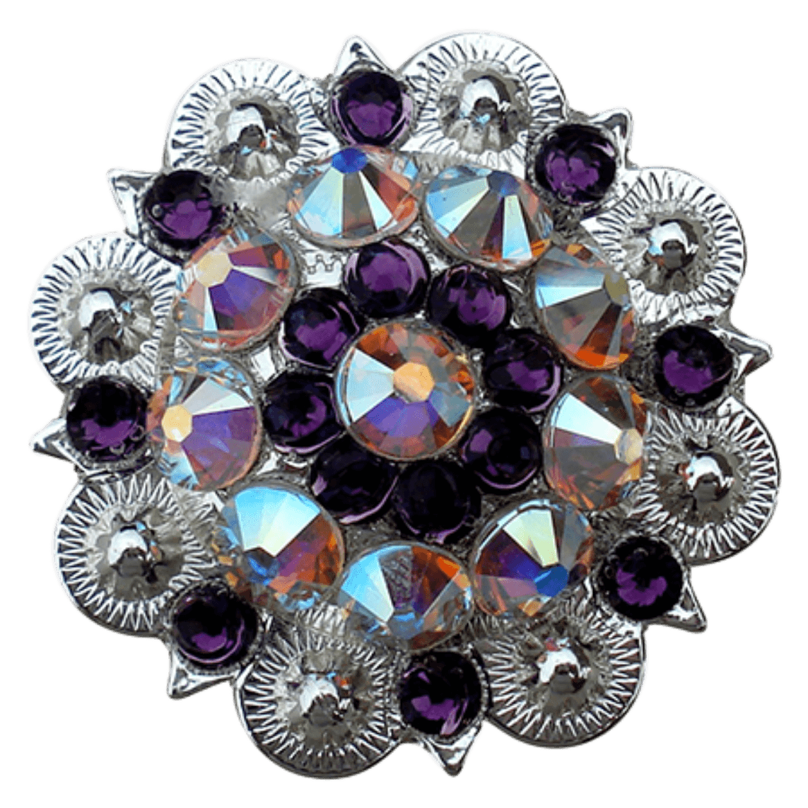 Bright Silver Purple &amp; AB Crystal Conchos - Sizes from 1"- 3" and Buckles